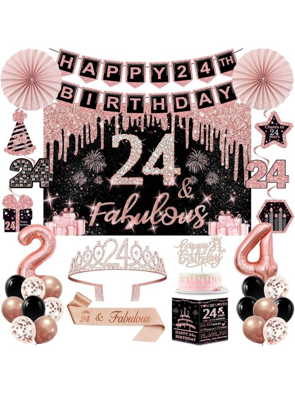 24th Birthday Party Decorations Set - Backdrop, Crown, Sash, Balloons & More!